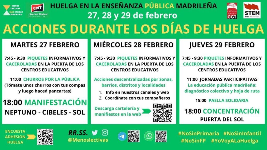 27, 28 y 29 de febrero. Calendario movilizaciones y acciones Huelga Enseñanza Pública Madrid